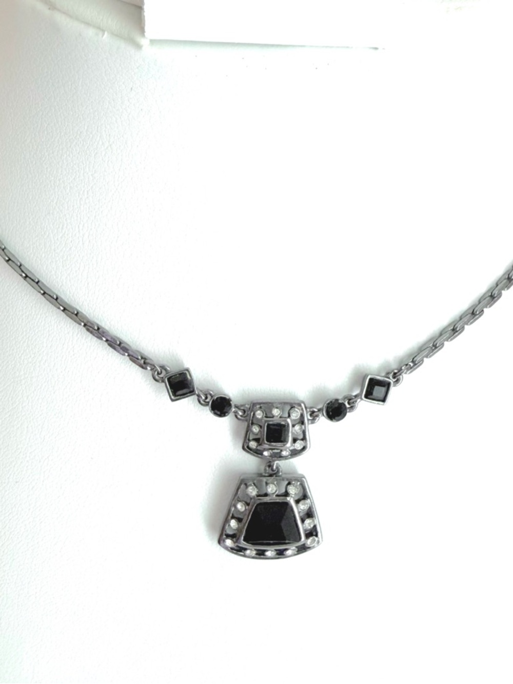 Vintage Givenchy Black Crystal Pendant Necklace Gunmetal Art Deco Signed